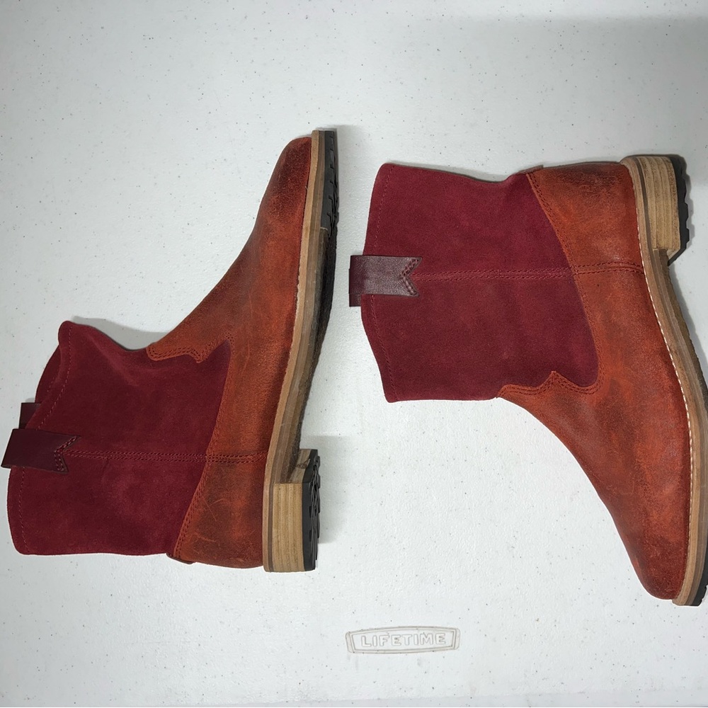Anthropologie Matt Bernson Two-Tone Suede Ankle Boots — Burgundy‎ & Tan 8.5